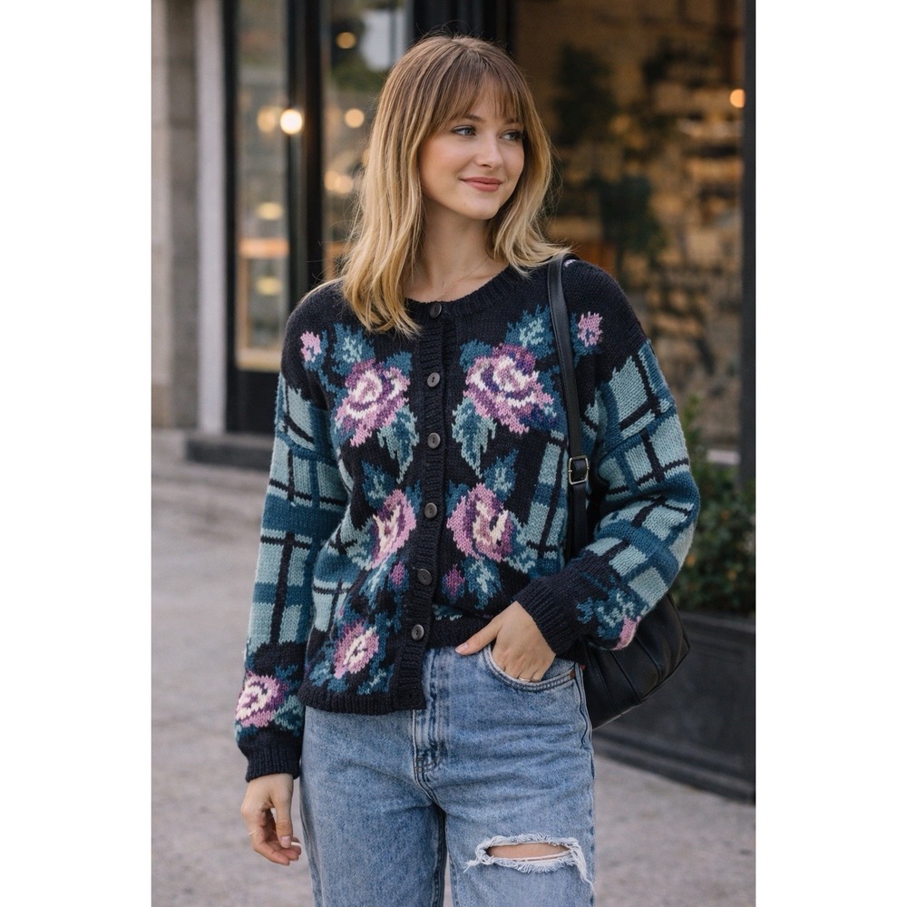 Paris‎ Sport Club Vintage Cardigan Chunky Knit Sweater Blue Floral Coquette Boho